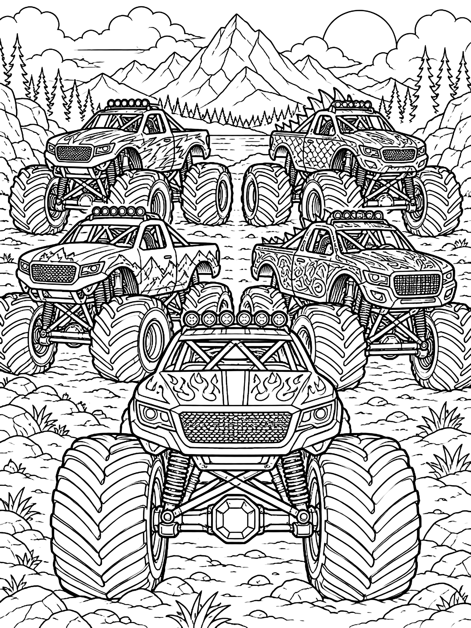 Detailed Lineup of five monster trucks coloring page