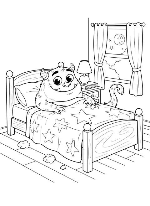 Friendly monster under the bed coloring page