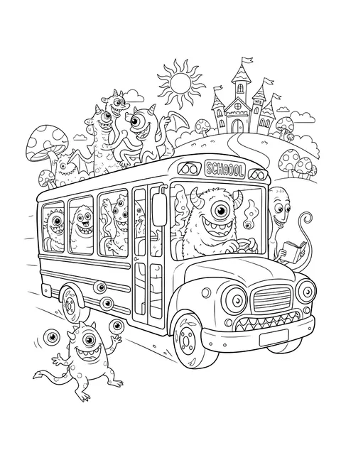 Monsters on a school bus coloring page