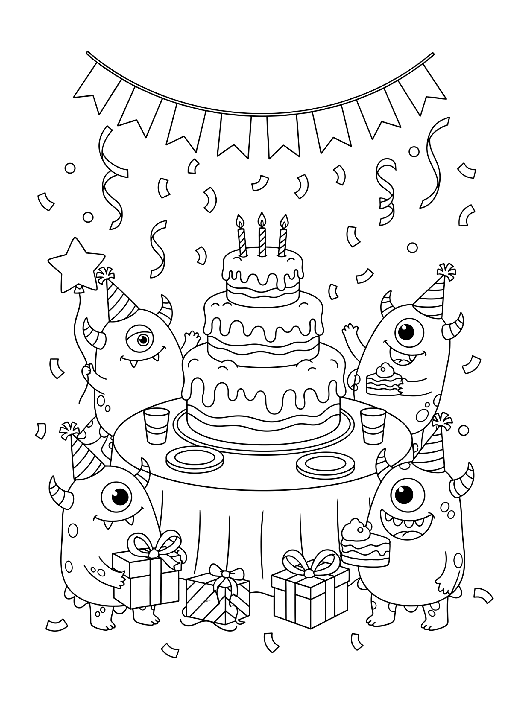Monster birthday party coloring page