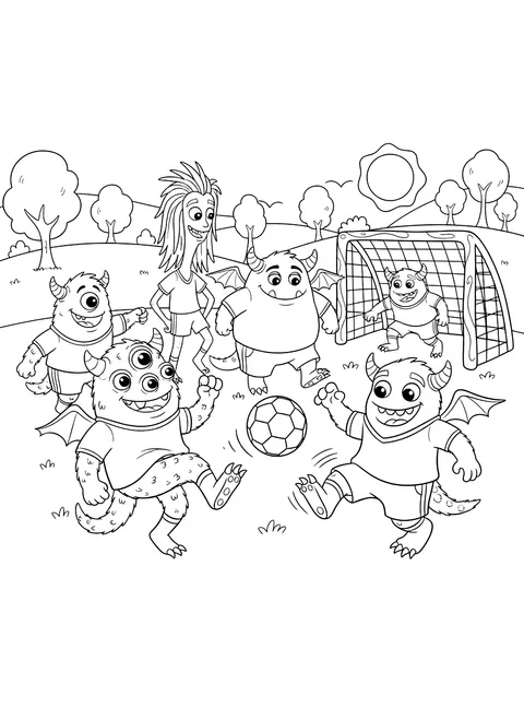 Monsters playing soccer coloring page