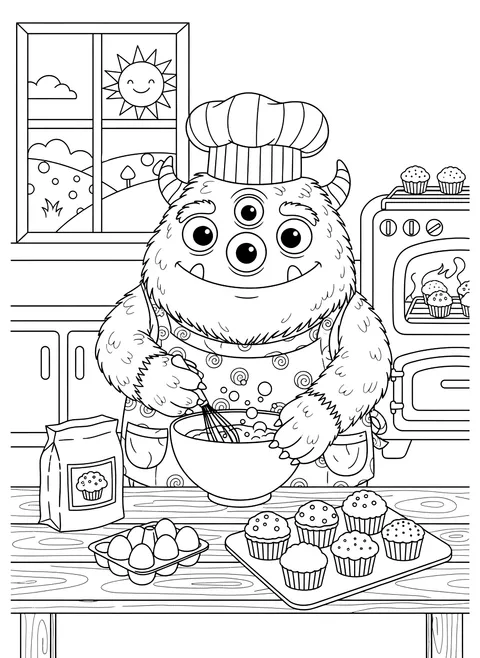 Monster baking cupcakes coloring page