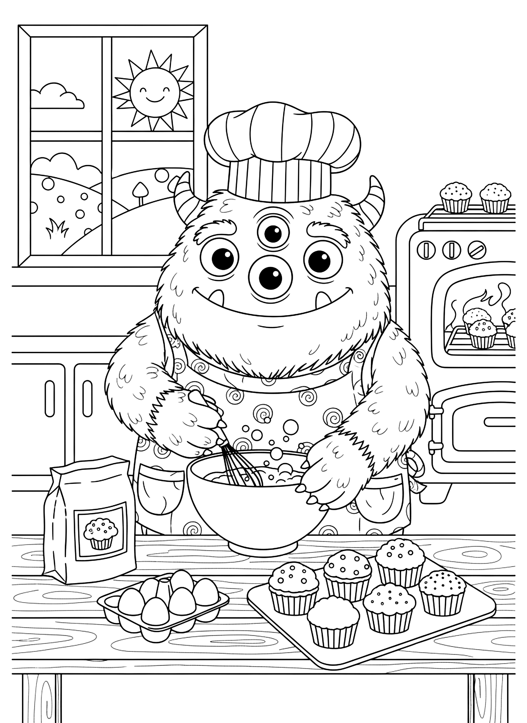 Monster baking cupcakes coloring page