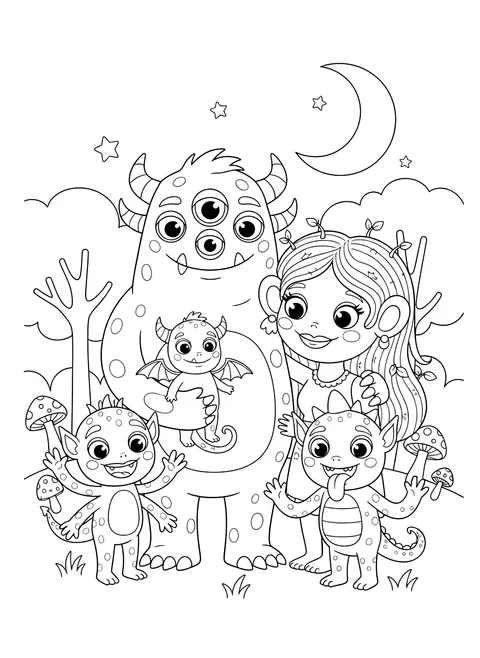 Monster family portrait coloring page