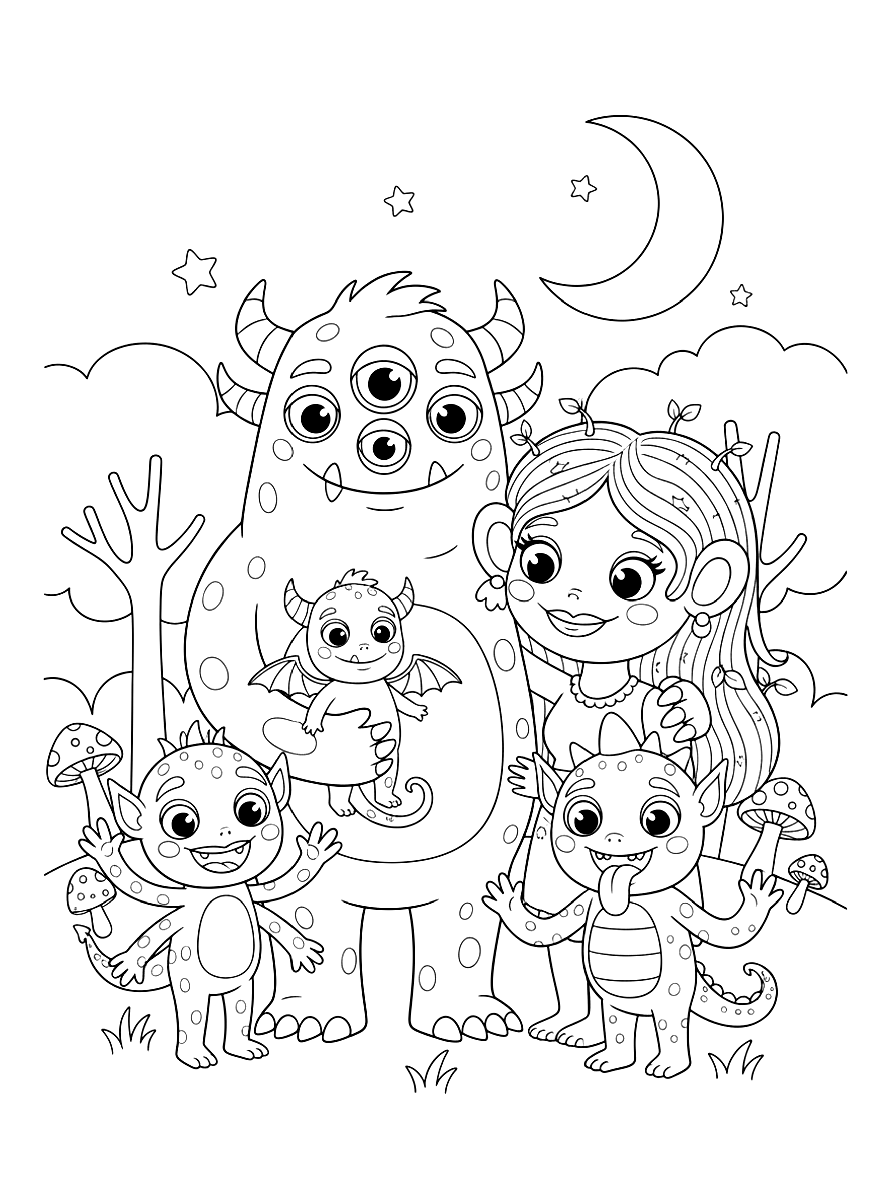 Monster family portrait coloring page