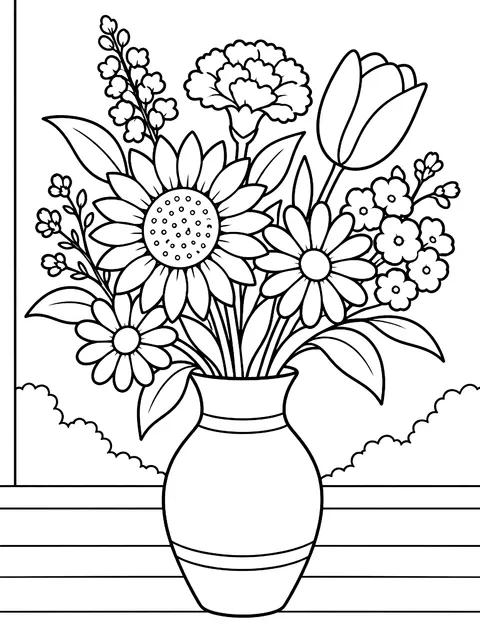 Vase of mixed flowers coloring page