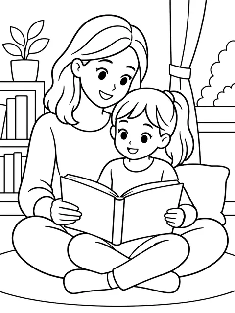 Mom reading with a child coloring page