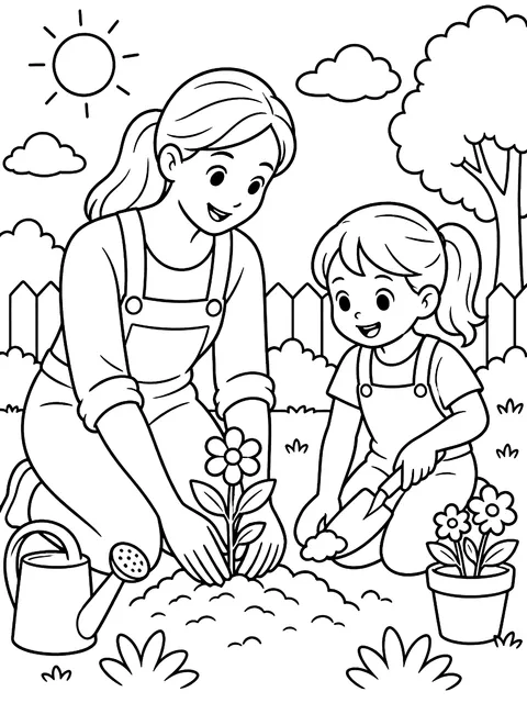 Mom and child gardening coloring page