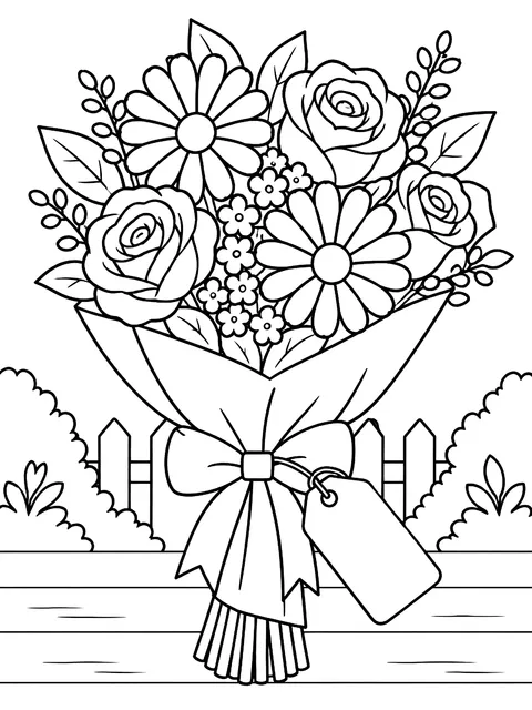 Bouquet with a blank name tag coloring page