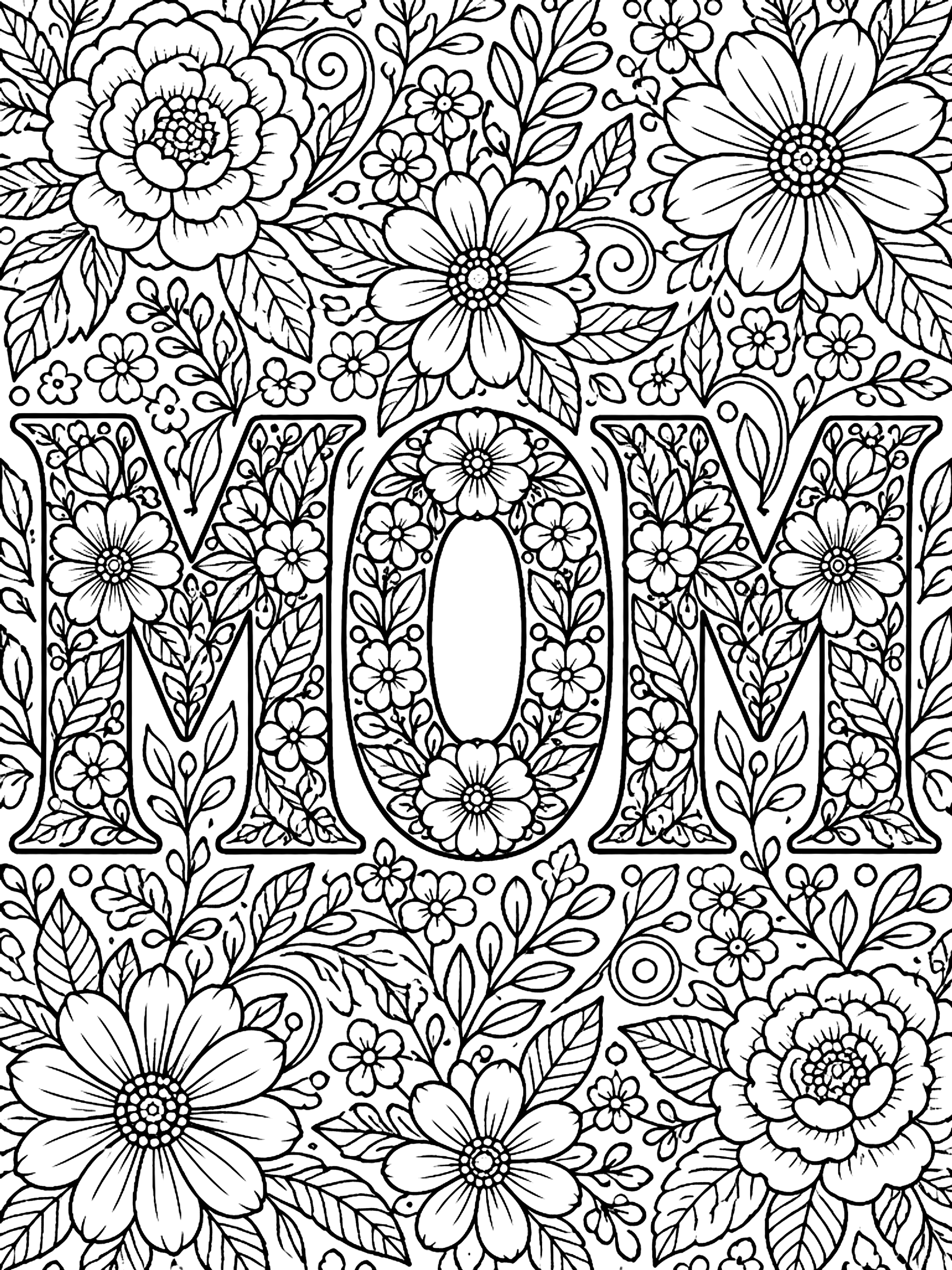 Detailed The word mom filled with flowers coloring page