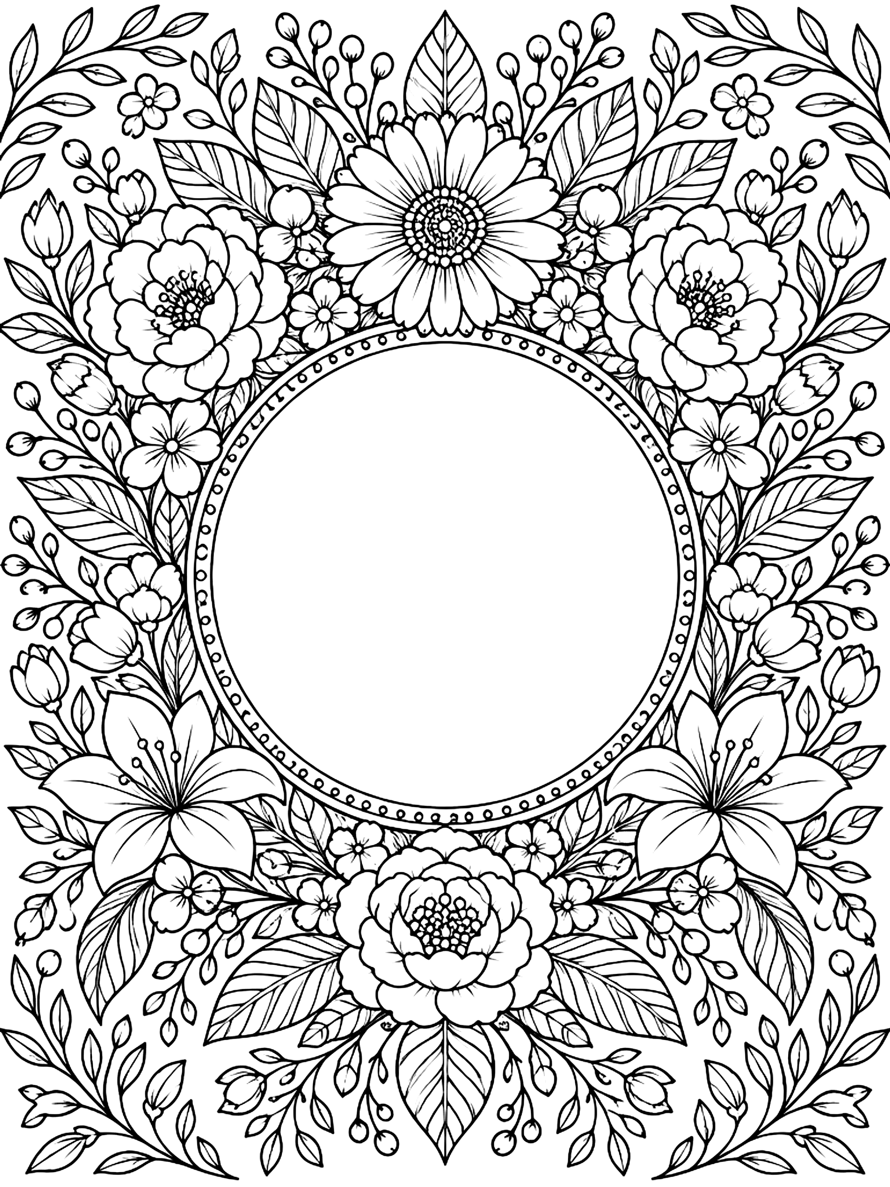 Detailed Floral wreath frame for a photo or message coloring page