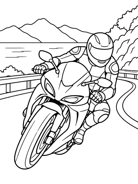 Sport bike leaning into a turn coloring page