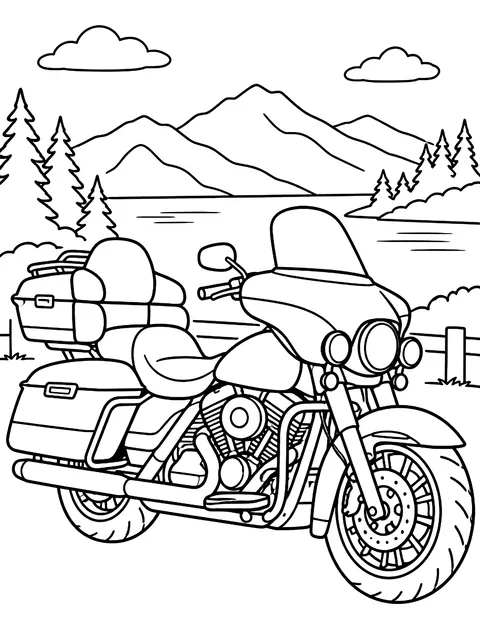 Touring motorcycle with luggage coloring page