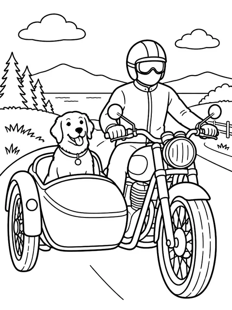 Motorcycle with a sidecar and a dog coloring page