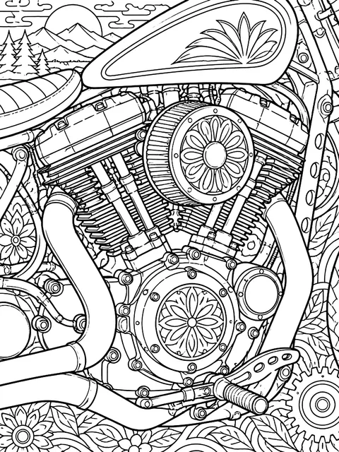 Detailed Detailed motorcycle engine close-up coloring page