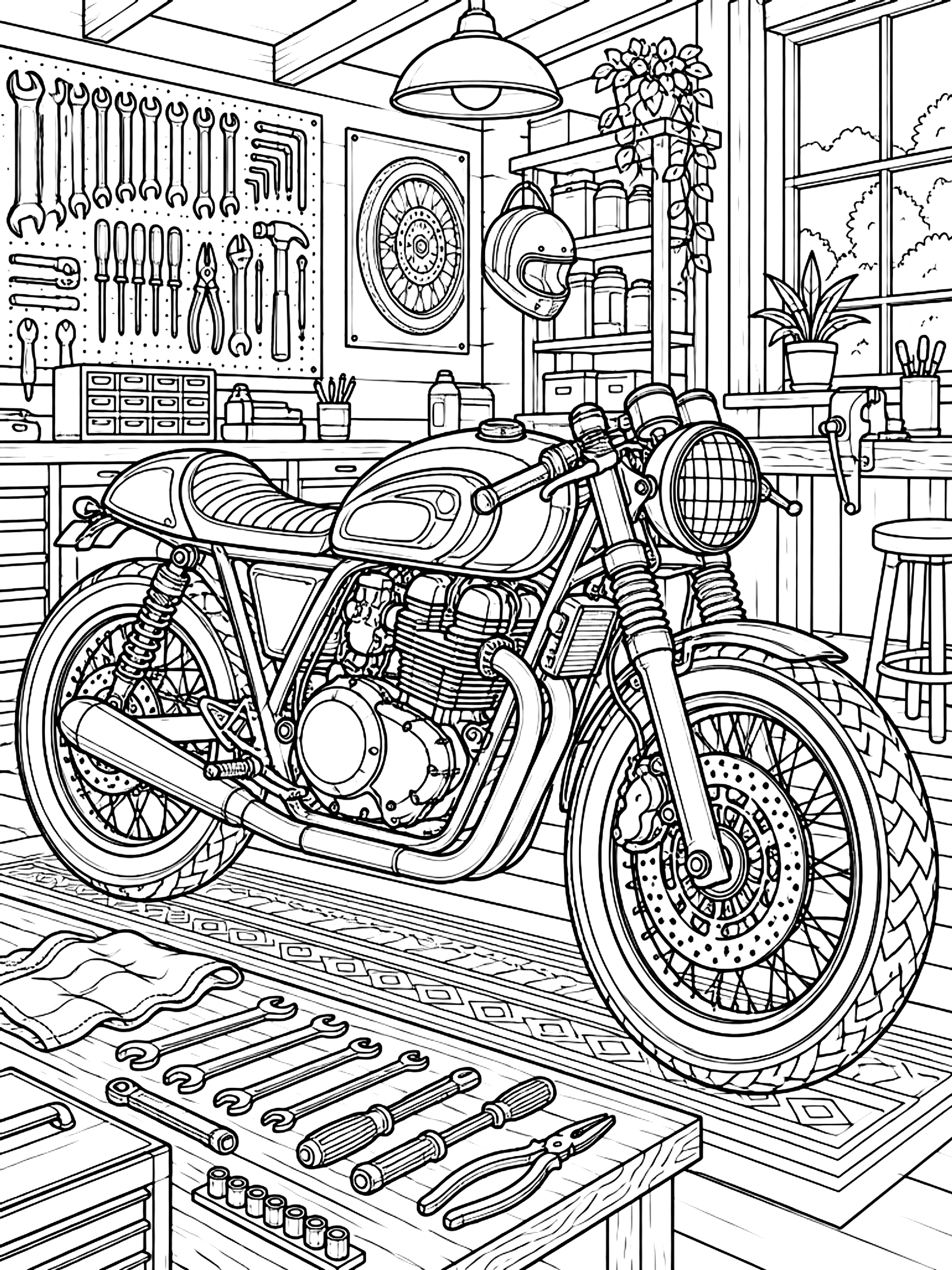 Detailed Motorcycle in a workshop with tools coloring page