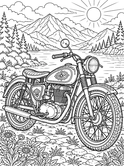 Detailed Vintage motorcycle with spoked wheels coloring page