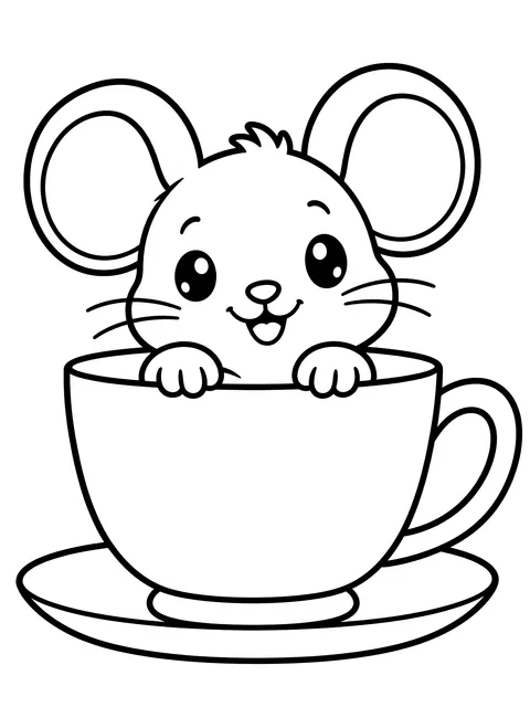 Easy Mouse peeking from a teacup coloring page