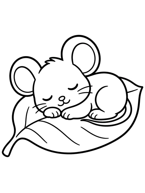 Easy Baby mouse asleep on a leaf coloring page
