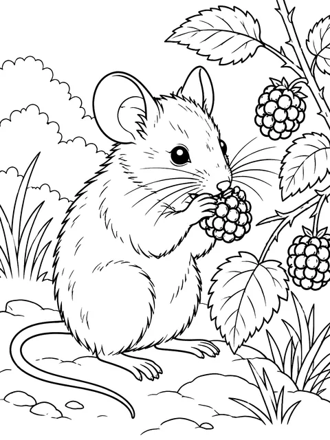 Field mouse nibbling a blackberry coloring page
