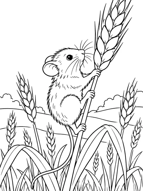 Harvest mouse climbing a wheat stalk coloring page