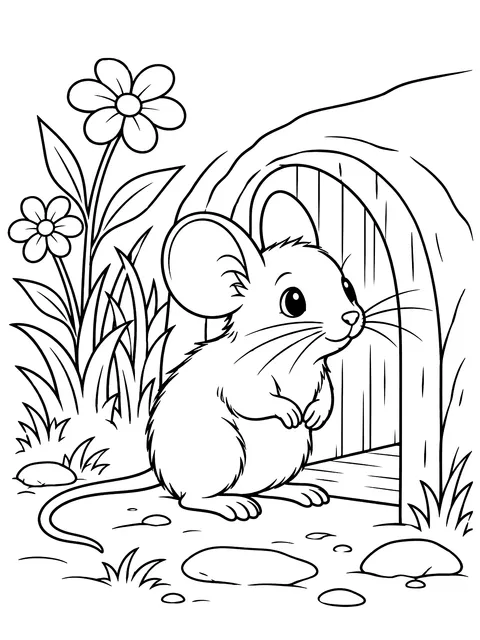 Mouse at the door of its mouse hole coloring page