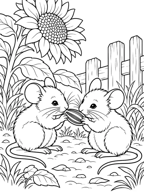 Two mice sharing a sunflower seed coloring page