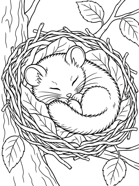 Dormouse asleep in its nest coloring page