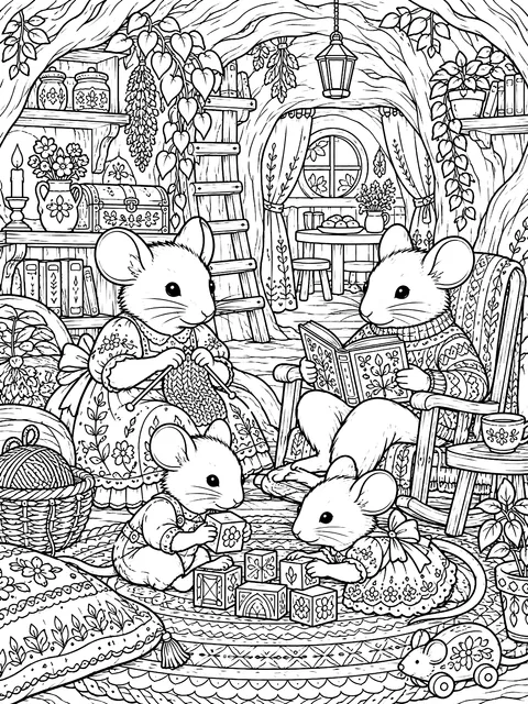 Detailed Mouse family in a burrow coloring page