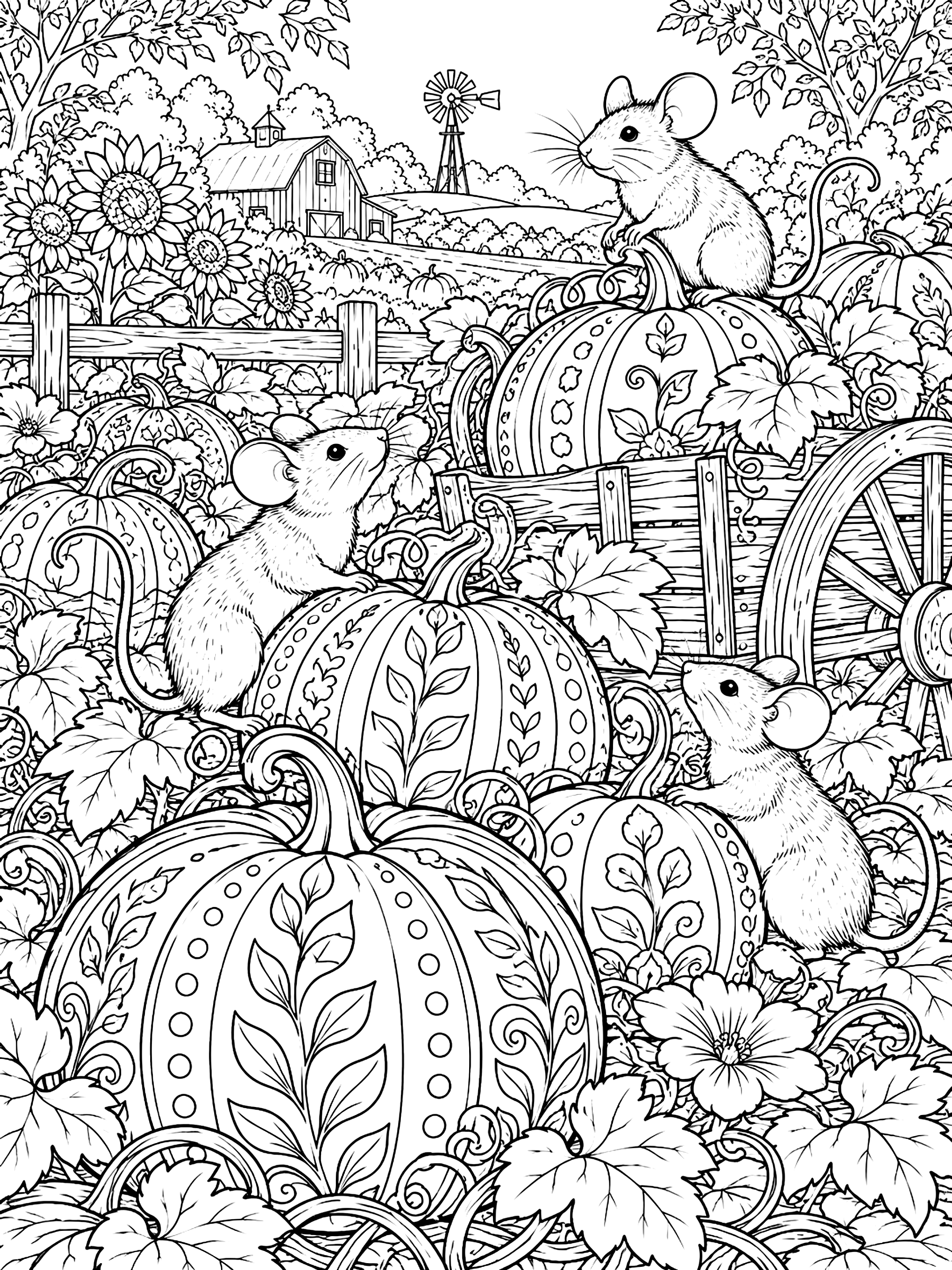 Detailed Mice in a pumpkin patch coloring page