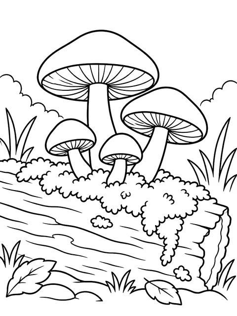 Mushrooms growing on a mossy log coloring page