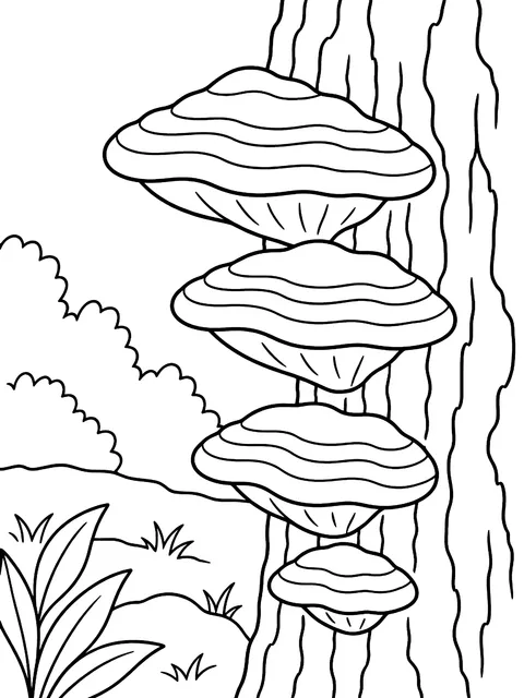 Shelf mushrooms on a tree trunk coloring page