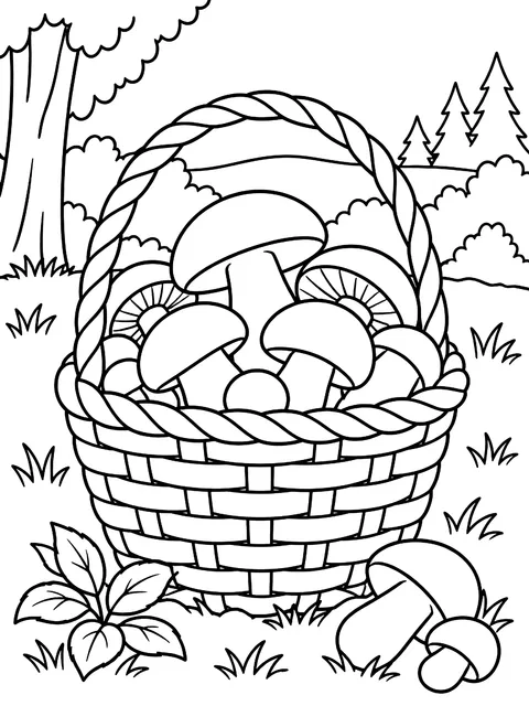 Basket of picked mushrooms coloring page