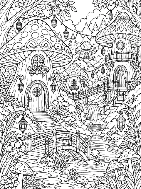 Detailed Mushroom village with tiny lanterns coloring page