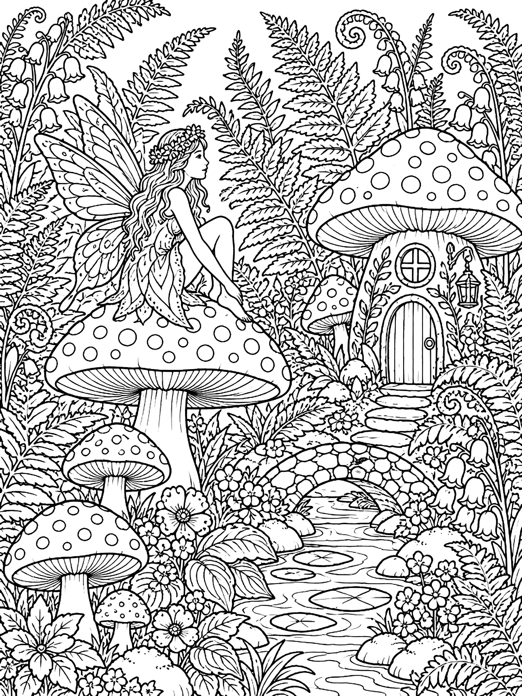 Detailed Fairy garden with mushrooms and ferns coloring page