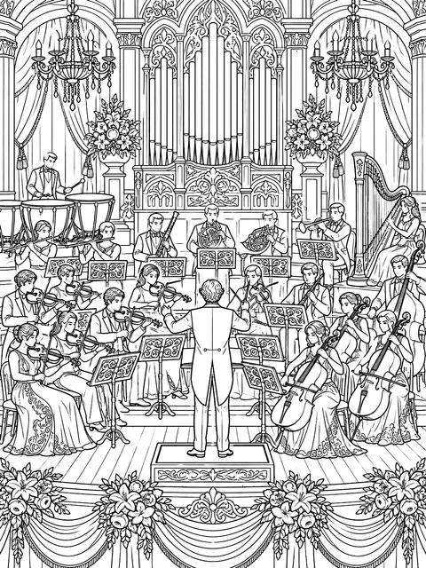 Detailed Orchestra on stage coloring page
