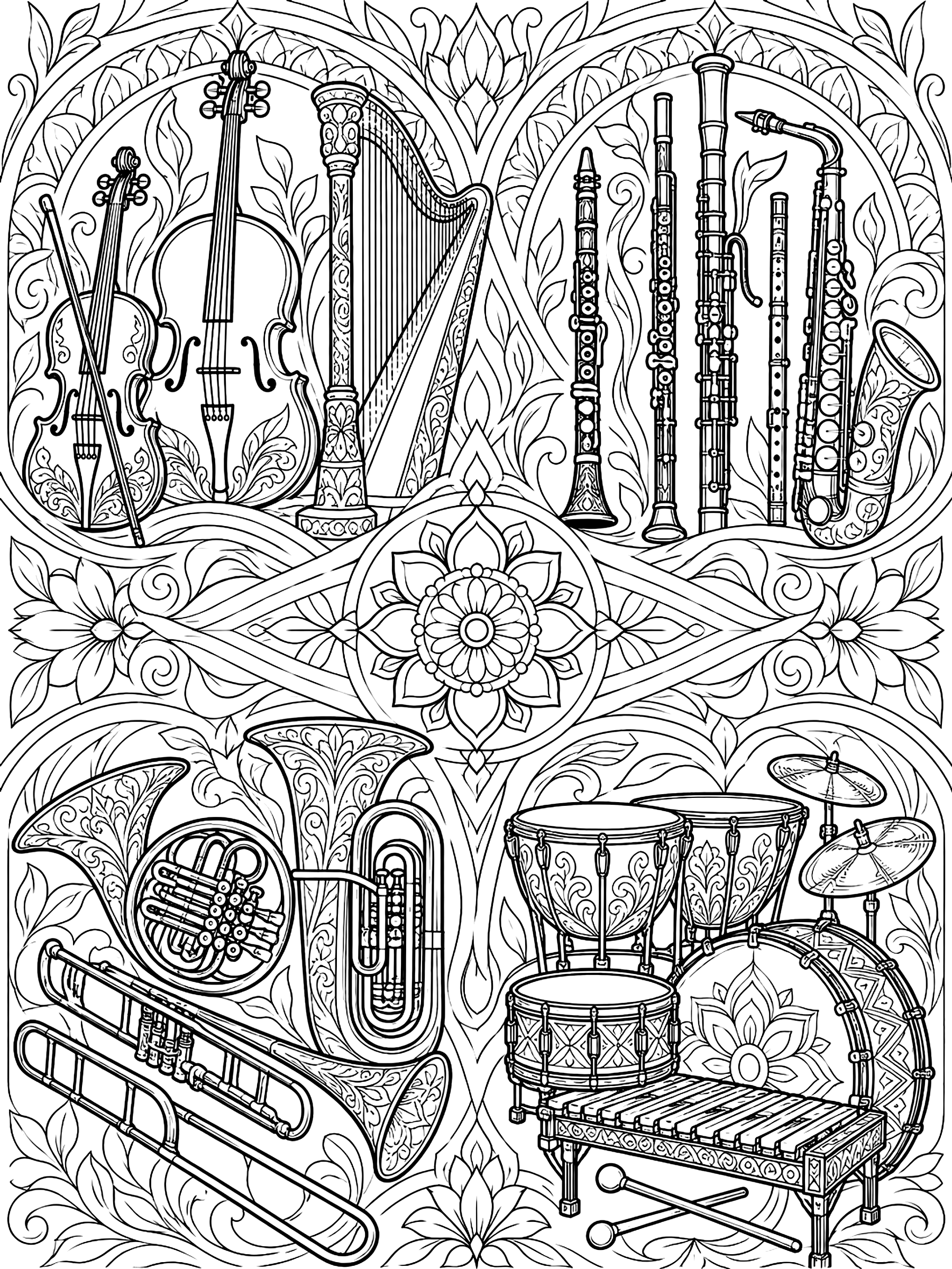 Detailed Instrument families chart coloring page