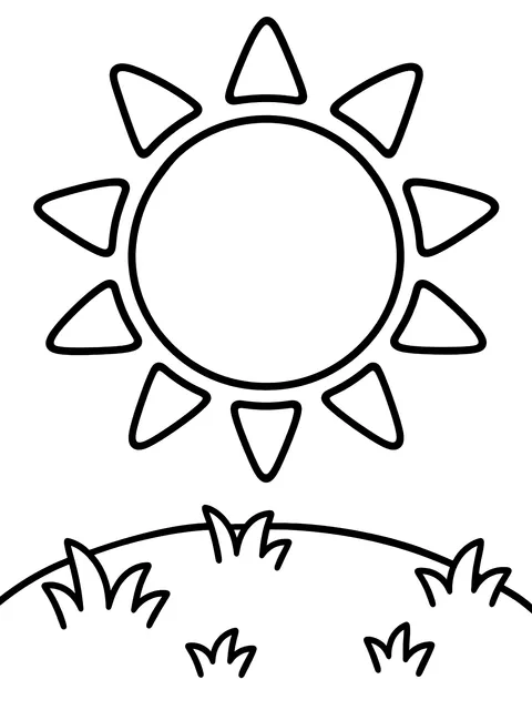 Easy Sun over a grassy hill coloring page