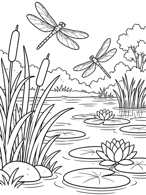 Pond with reeds and dragonflies coloring page