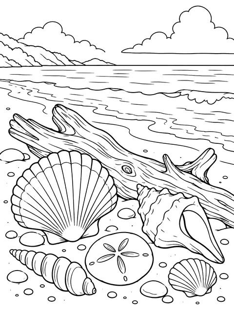 Seashells and driftwood on the shore coloring page