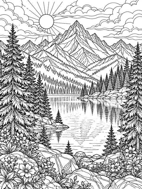 Detailed Mountain lake with pine trees coloring page