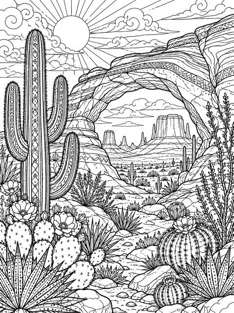Detailed Desert with cacti and a rock arch coloring page