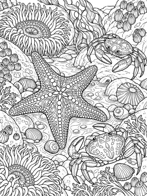 Detailed Tide pool with starfish and crabs coloring page