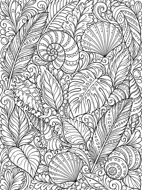 Detailed Collection page of leaves, shells and feathers coloring page