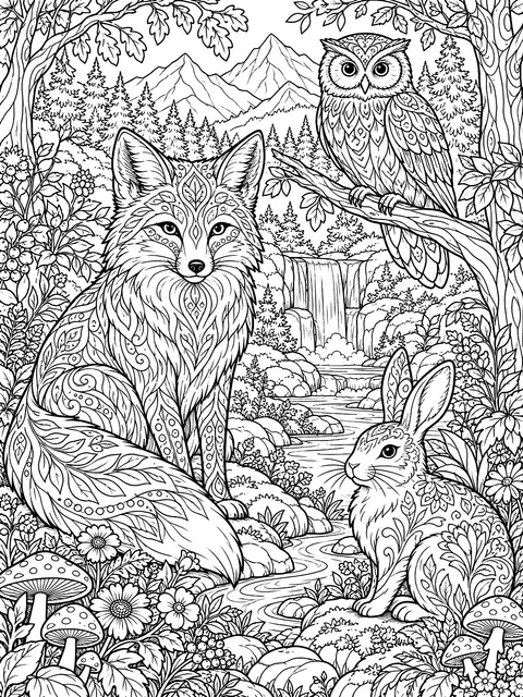 Detailed Woodland scene with a fox, an owl and a rabbit coloring page