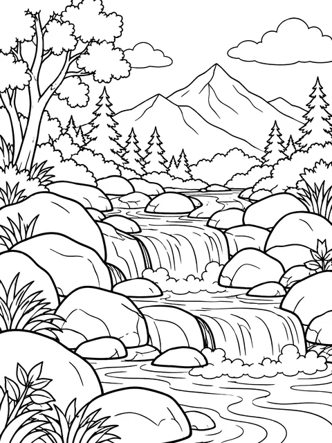 Stream running over rocks coloring page