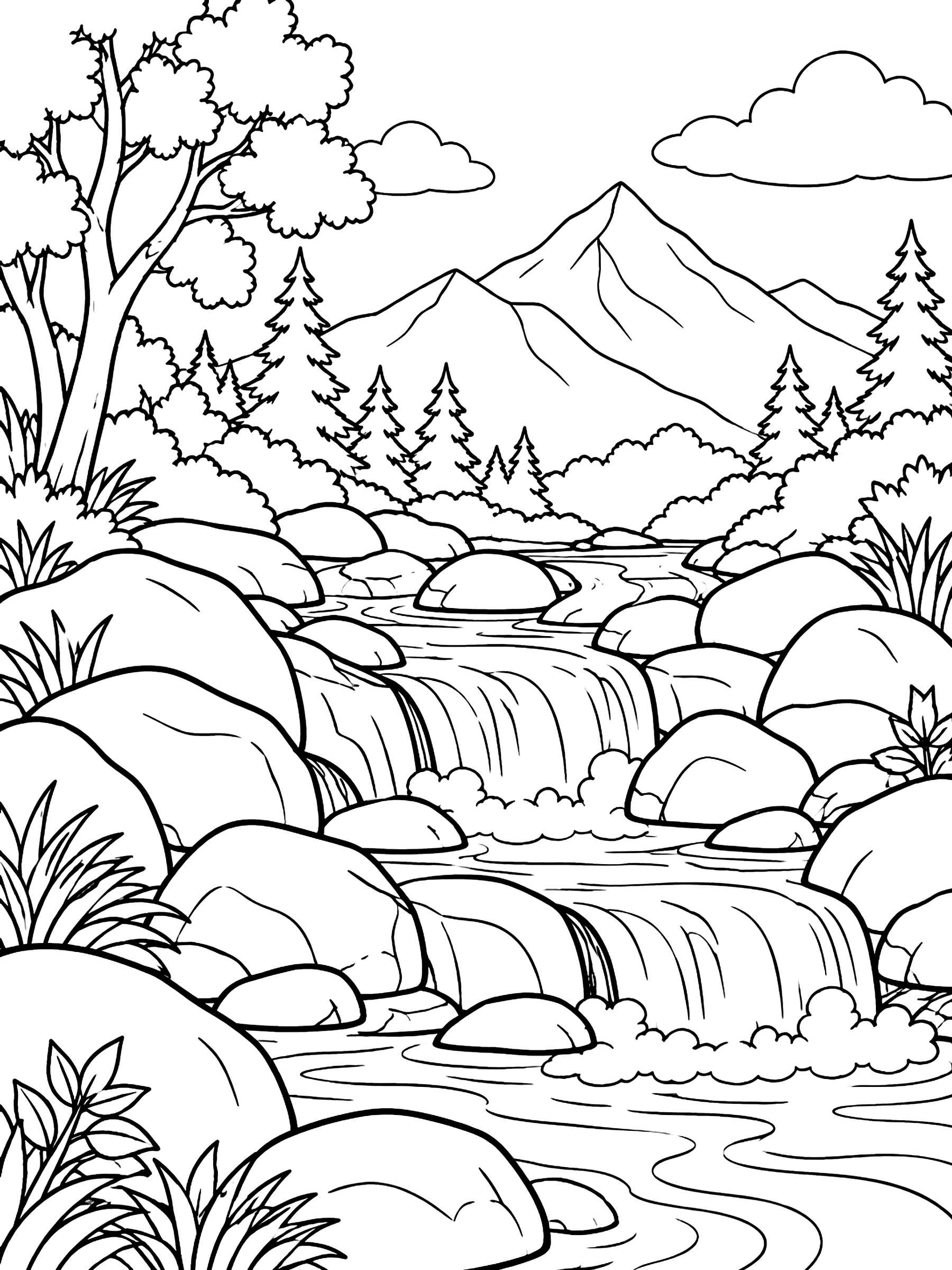Stream running over rocks coloring page