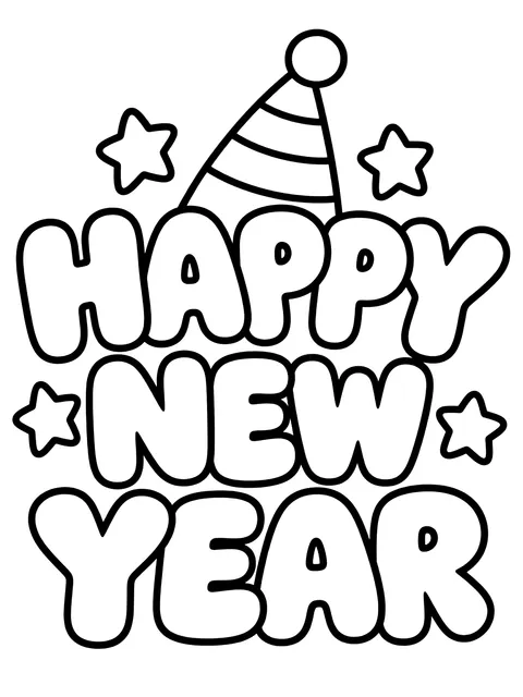 Easy Happy New Year bubble letters coloring page
