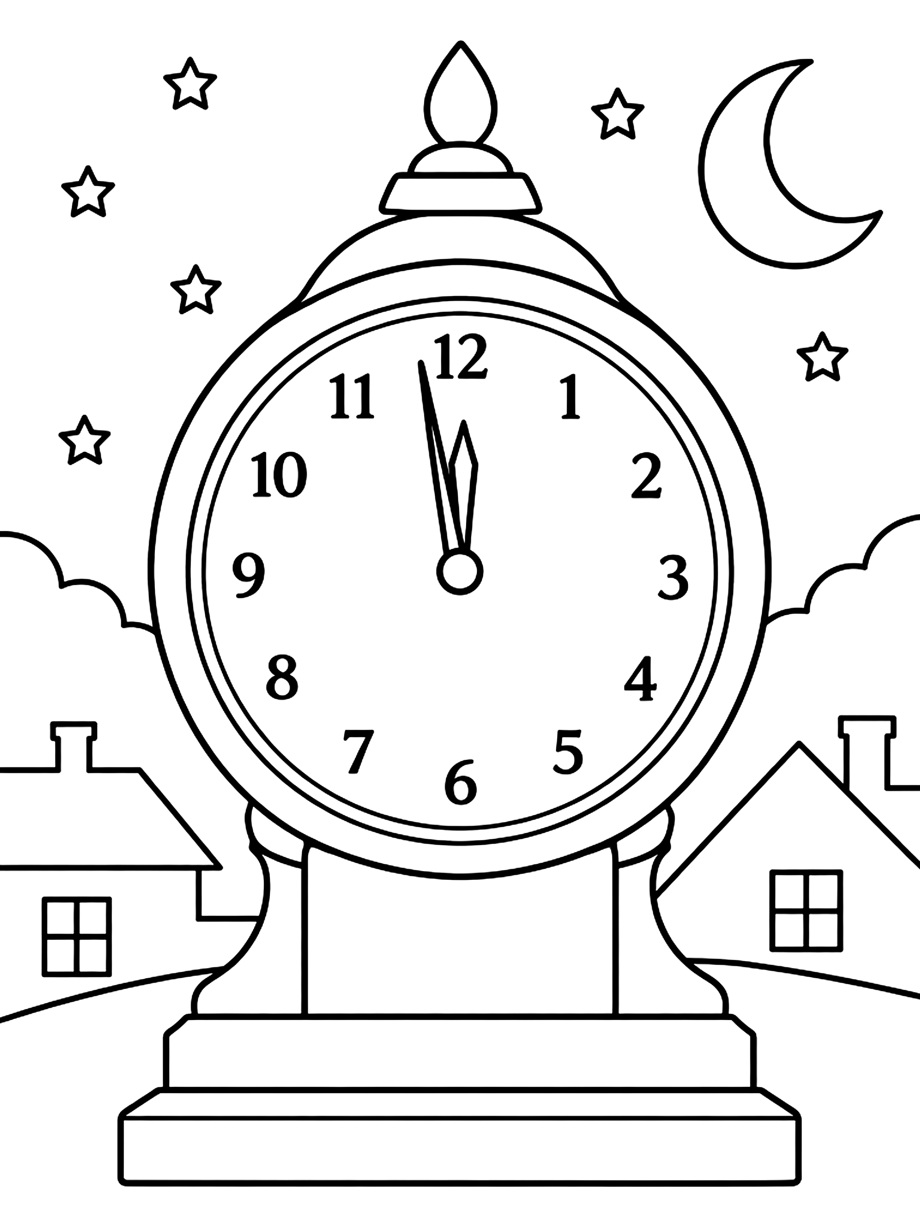 Clock about to strike midnight coloring page