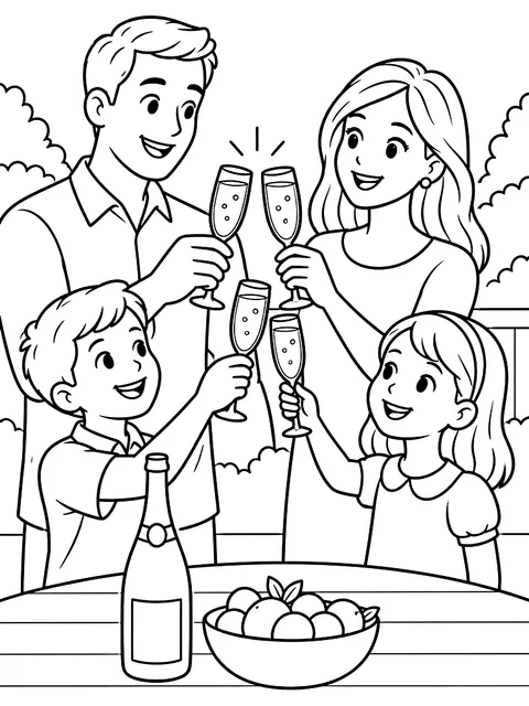 Family toasting with sparkling cider coloring page
